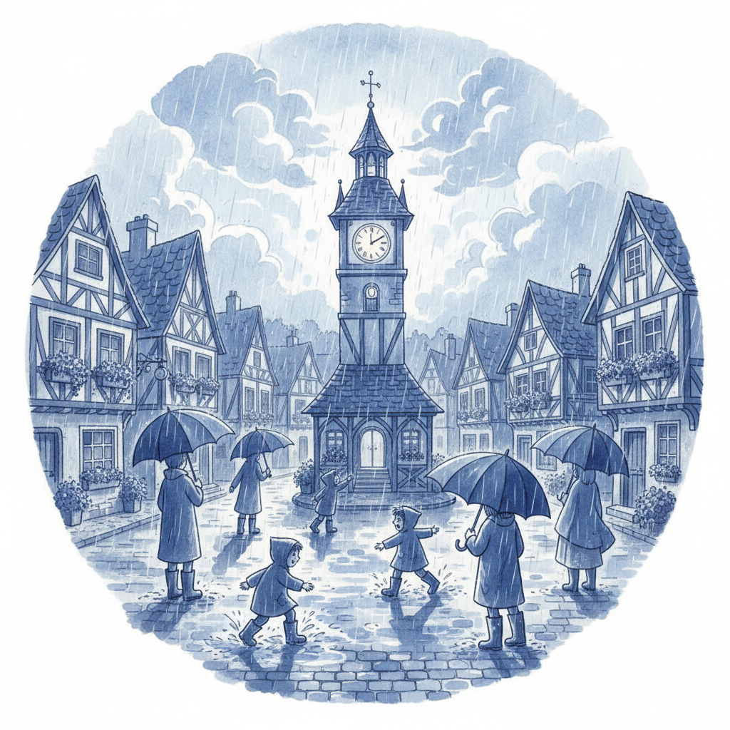 Rainy village square in monochrome blue, children's book illustration style