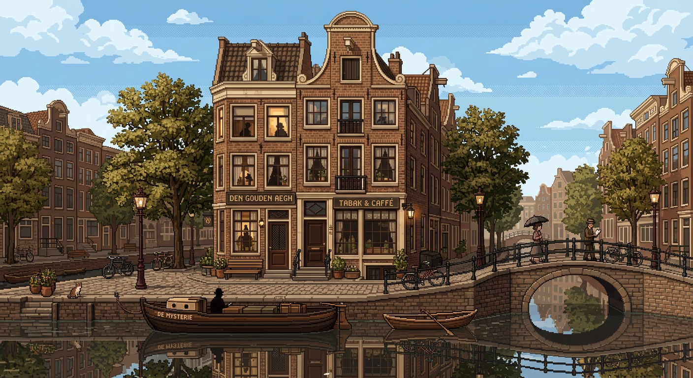 Dutch canal house in pixel art, mysterious sepia mood
