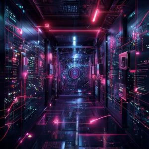 Surreal digital vault with glowing nodes