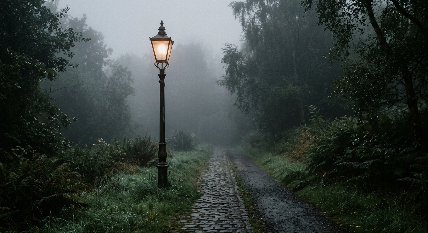 A lonely lamppost in the mist on a dewy summer morning