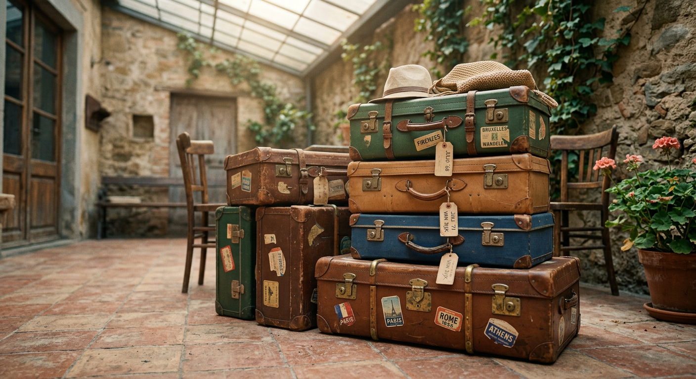 a stack of old suitcases on a sultry July afternoon