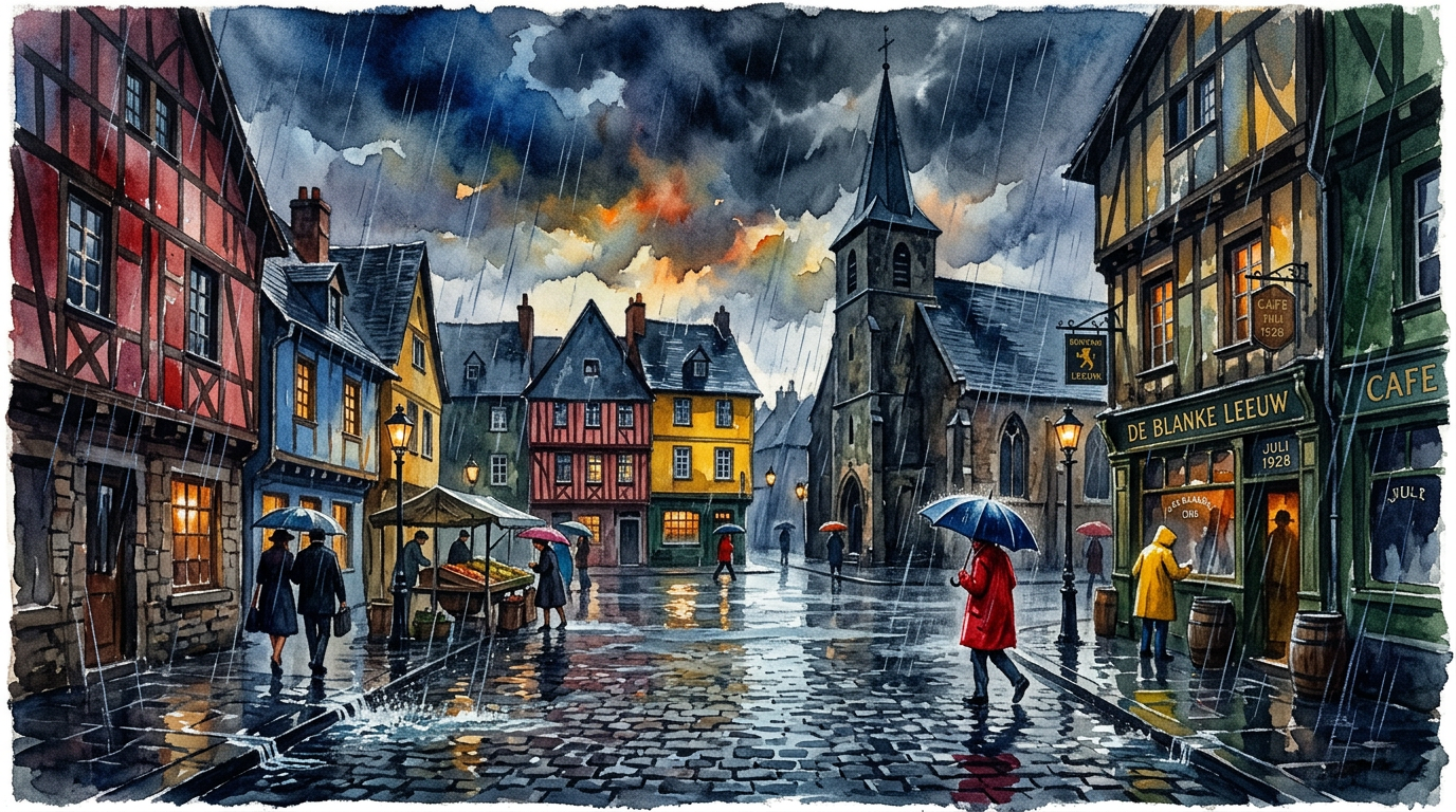 a rainy village square on a sultry July afternoon, watercolor, ominous, bright primary colors
