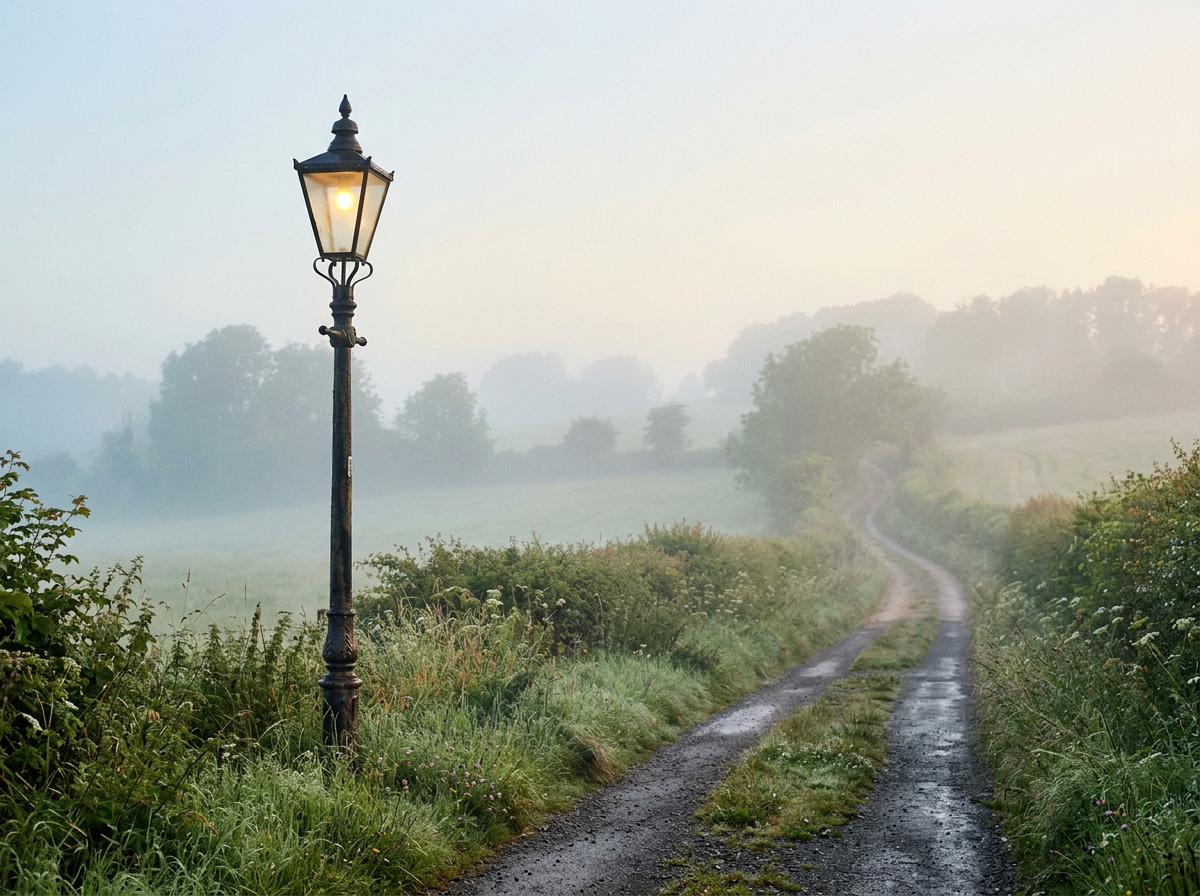 A lonely lamppost in the mist on a dewy summer morning