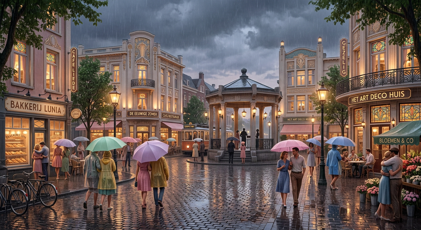 A rainy village square on a sultry summer evening, art deco style