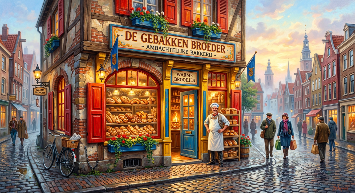 An old bakery in the city on a dewy summer morning - AI generated oil painting