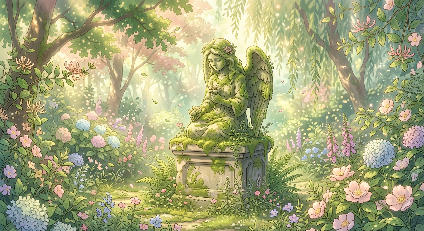 AI generated: moss-covered garden statue in sultry July afternoon