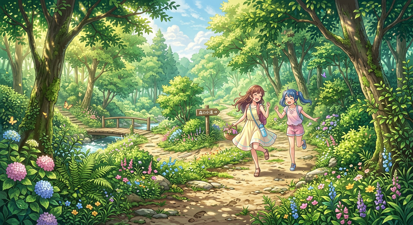 A winding forest path, anime style, pastel colors, energetic mood