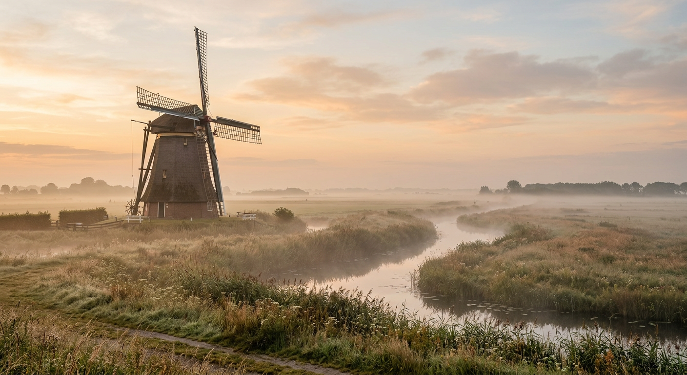Minimalist windmill at sunrise in a dewy summer morning, AI generated