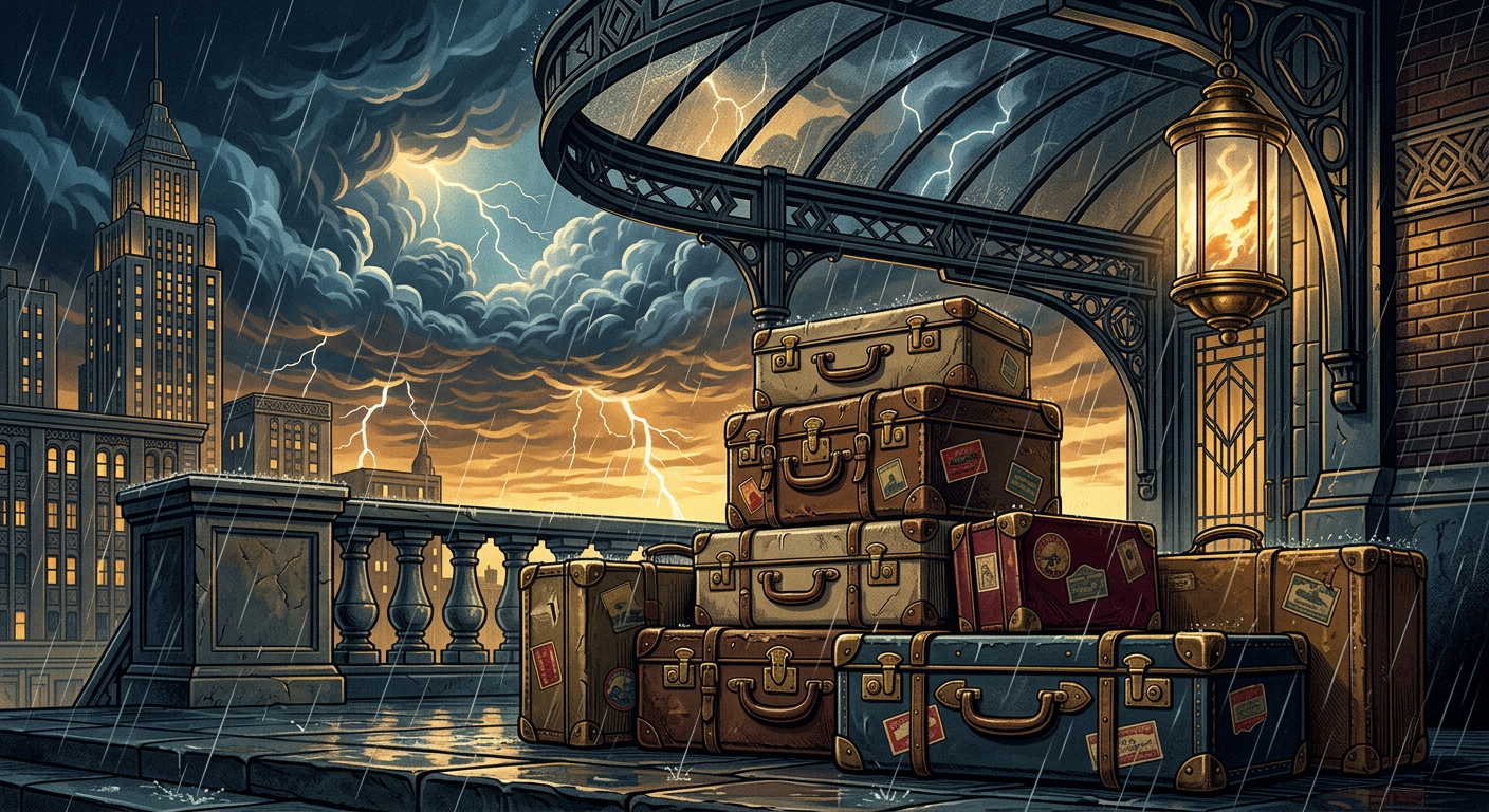 A stack of old suitcases on a stormy summer evening, art deco style