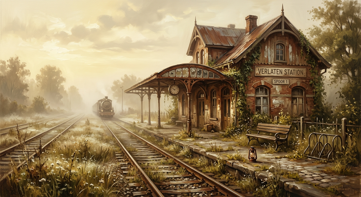 An abandoned train station on a dewy summer morning, impressionistic, serene