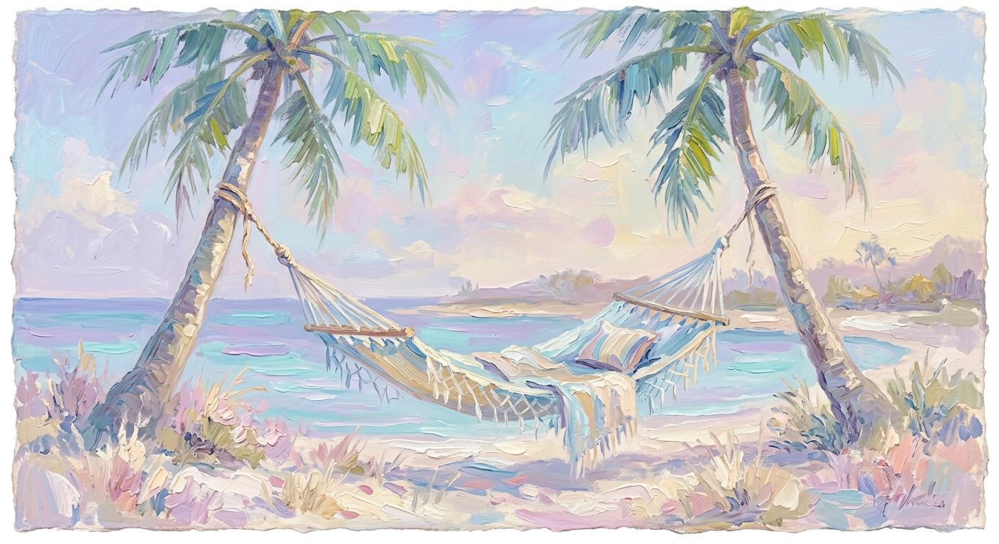 A hammock between two palm trees in impressionist style