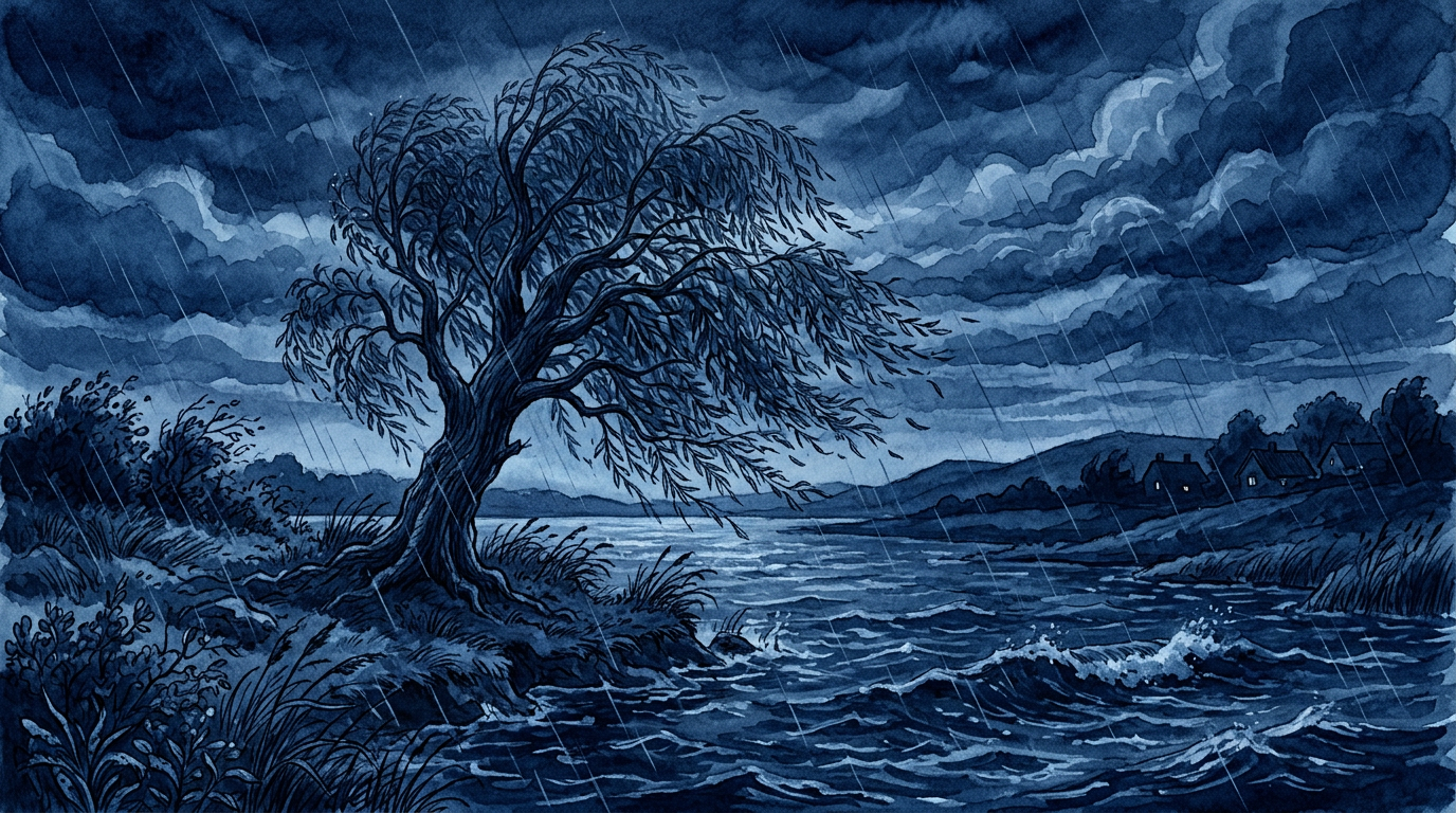 A solitary willow by the water on a stormy summer evening, childrens book illustration