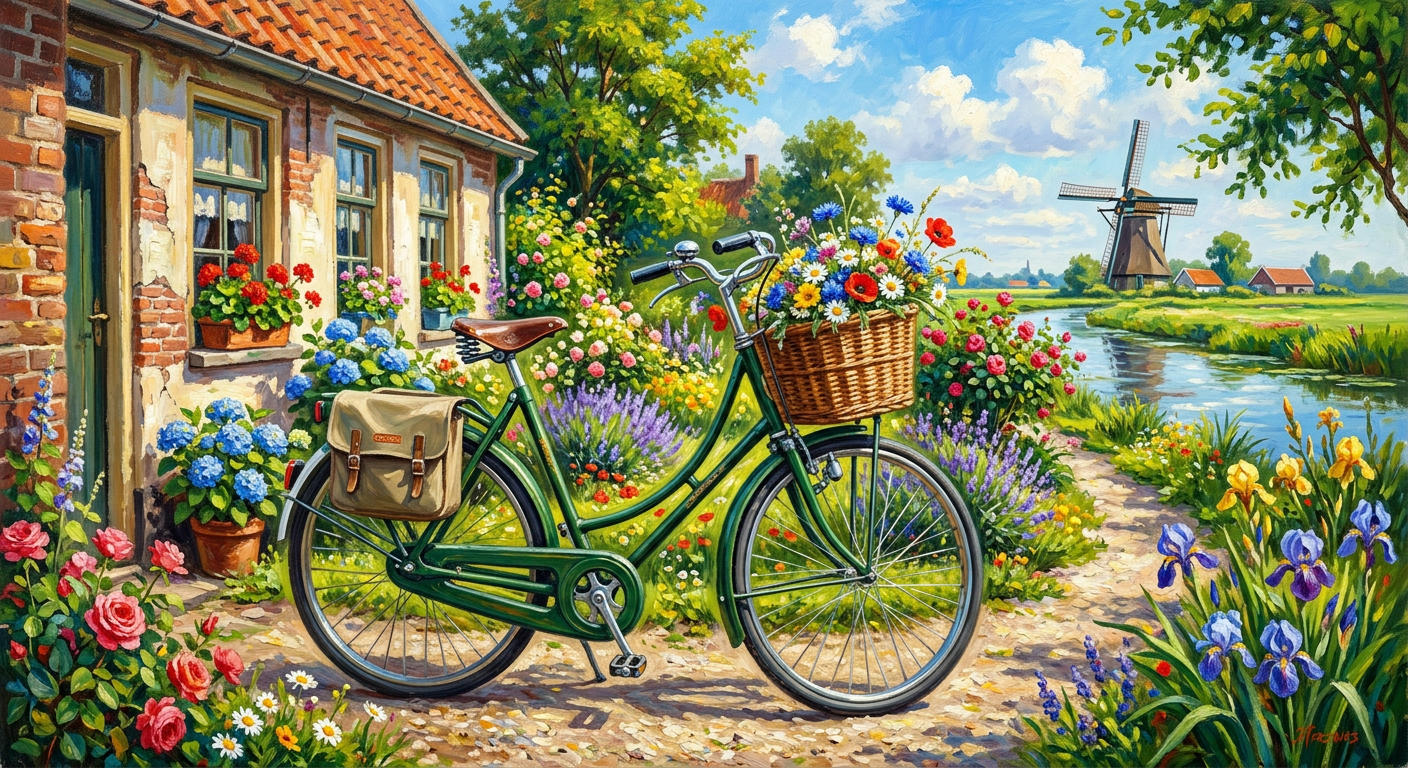 A classic bicycle on a sunny summer day, oil painting