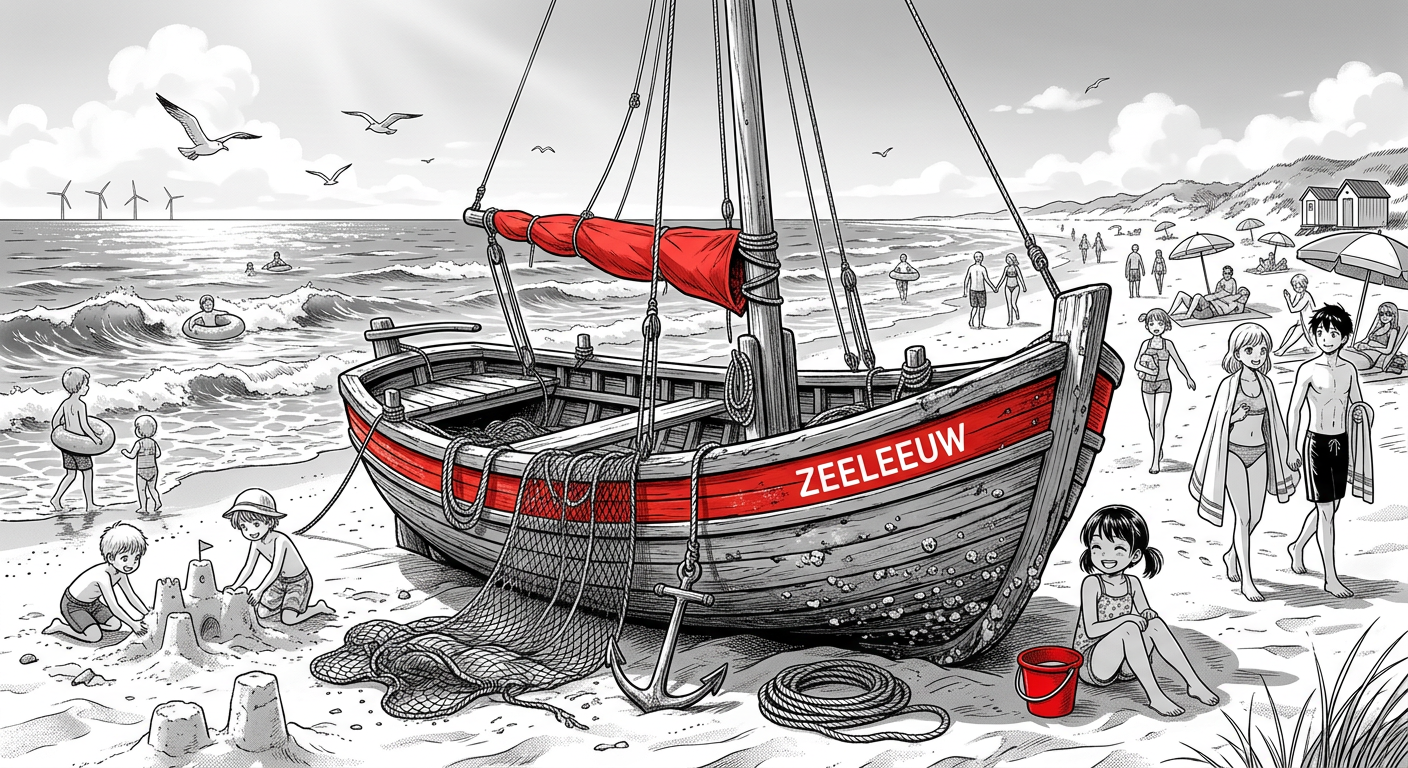 An old wooden boat on the beach, anime style, black and white with one color accent