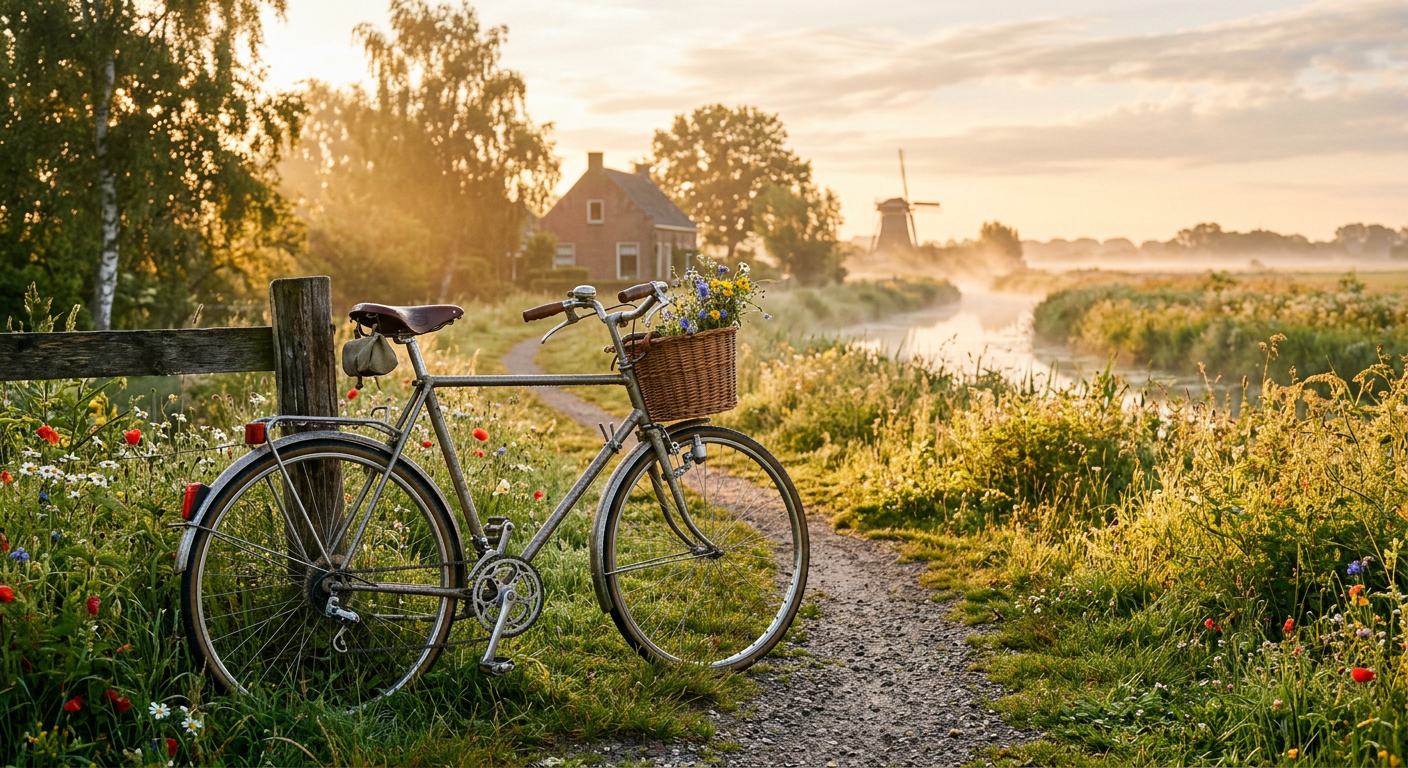 A classic bicycle on a dewy summer morning, vintage 35mm film style