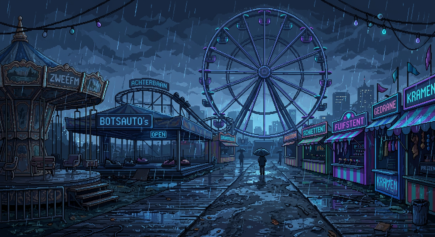 Abandoned fairground on a rainy summer evening - pixel art