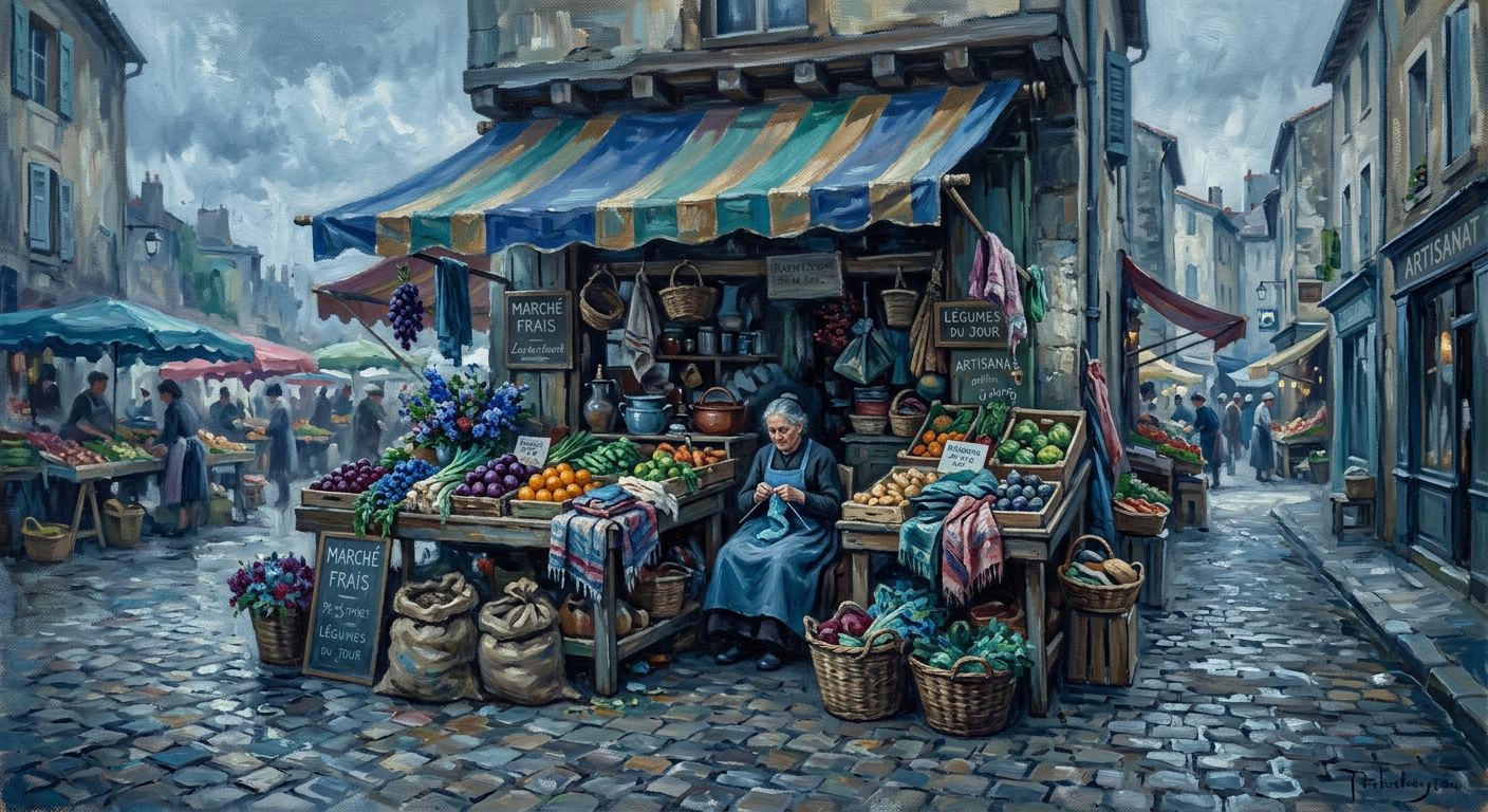 Colorful market stall in impressionist style