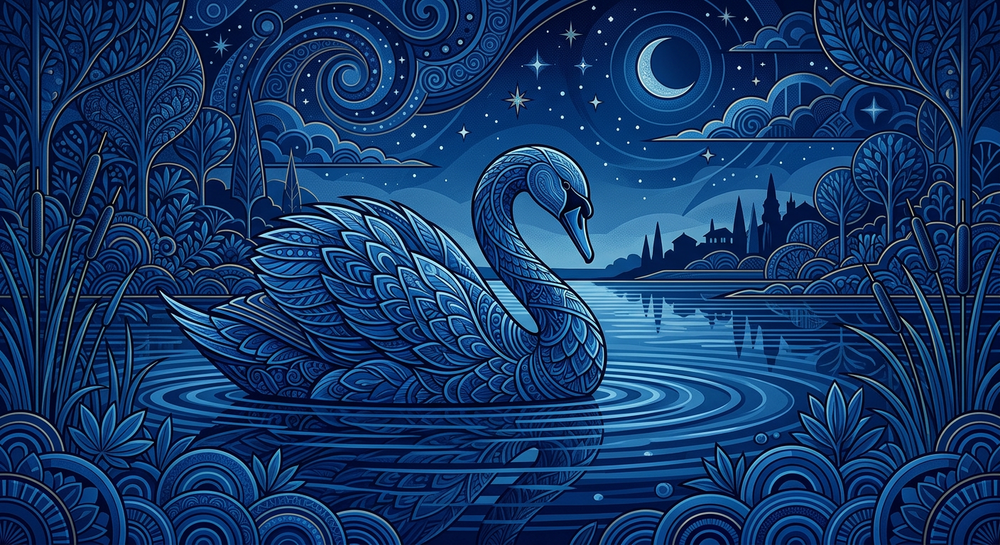 A resting swan on a sultry summer evening, art deco, somber, monochrome blue