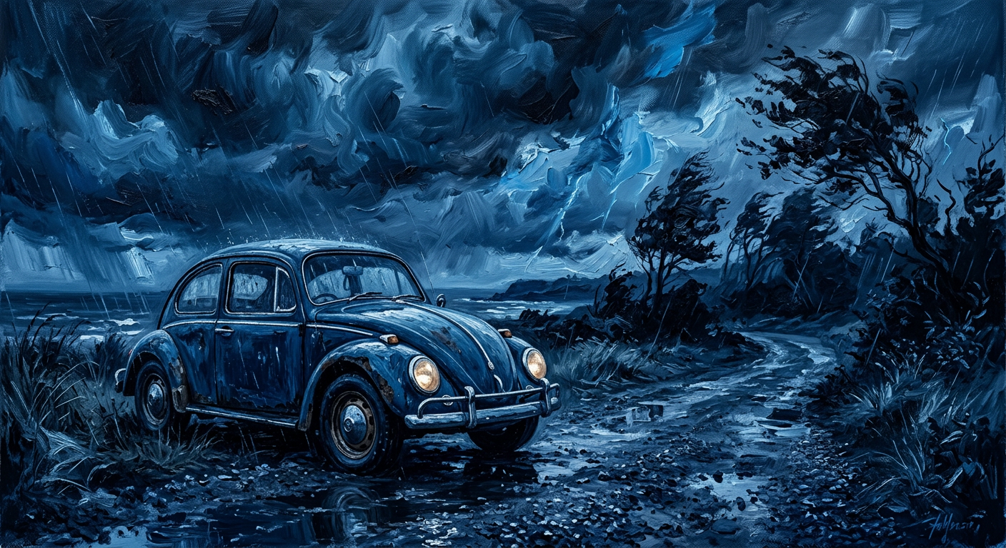 An old Volkswagen Beetle on a stormy summer evening, impressionistic, ominous, monochrome blue
