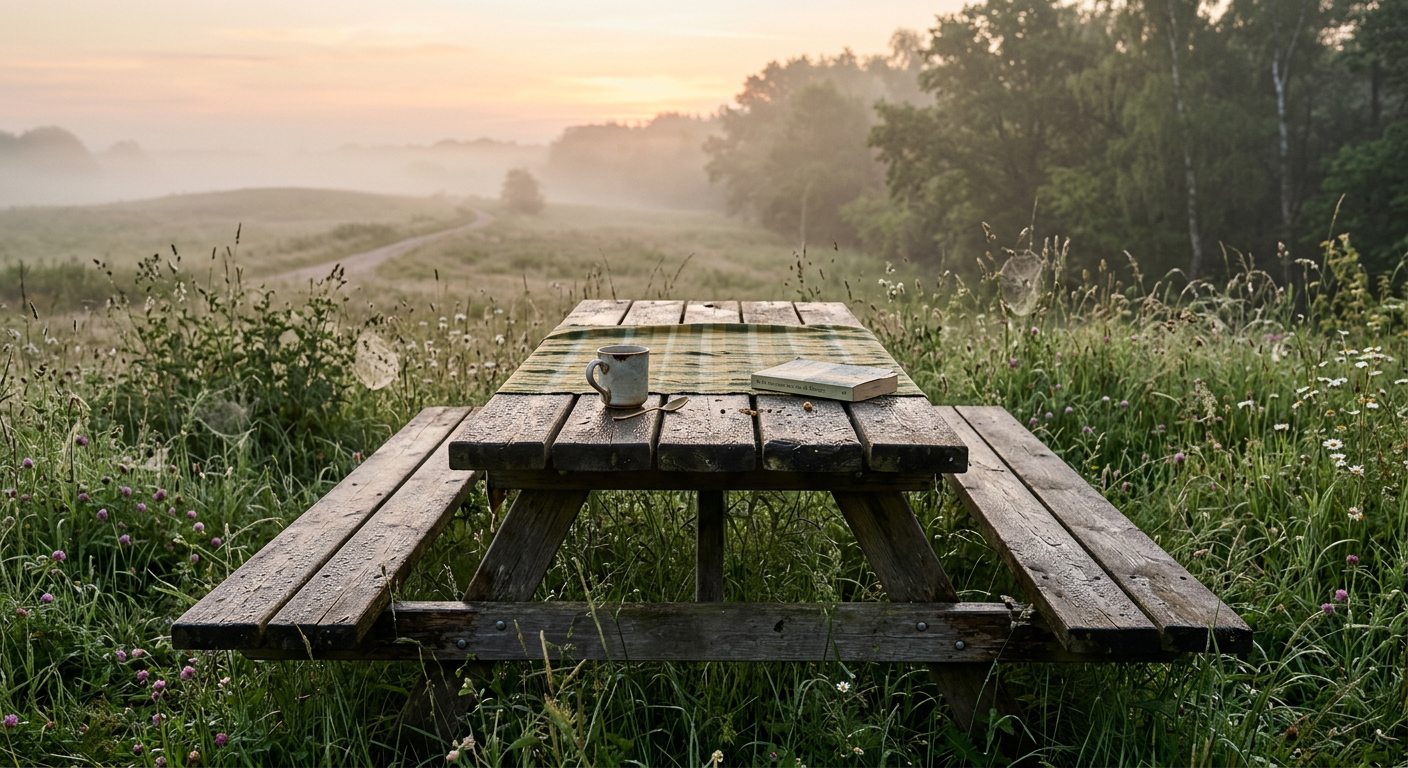 An abandoned picnic table on a dewy summer morning