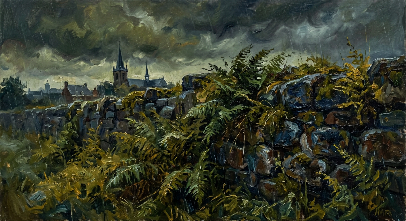 An old stone wall with ferns on a stormy summer evening, impressionistic