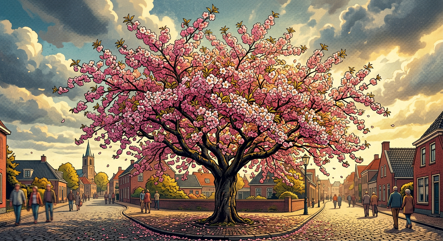 Cherry tree in full bloom, pop-art, pink and gold