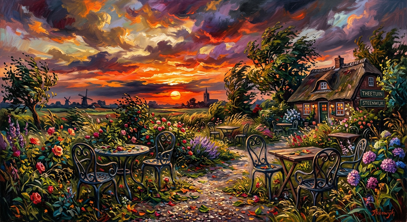 An abandoned tea garden with empty chairs on a stormy summer evening