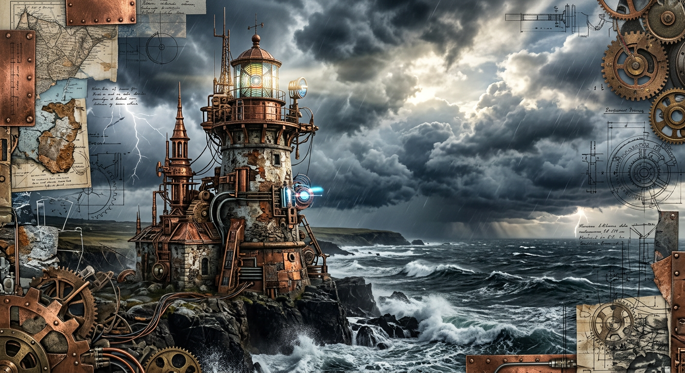 AI generated image of an old stone lighthouse in a storm