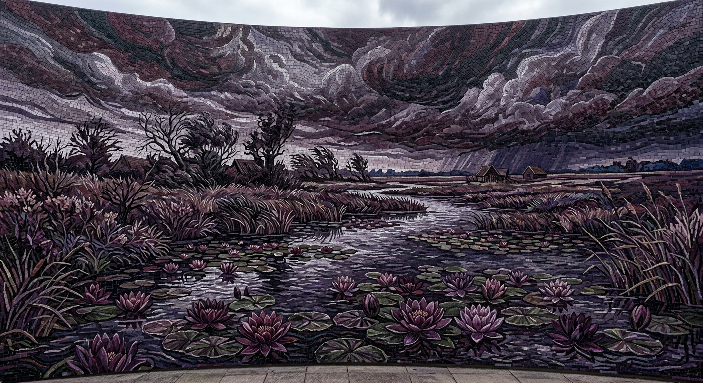 Daily AI Photo August 7 2026 — an abandoned marsh with water lilies