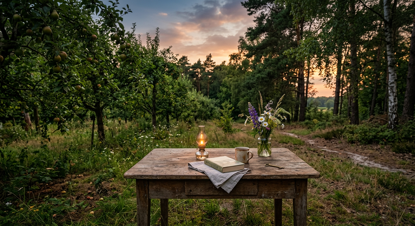 An old wooden table in an orchard on a sultry summer evening