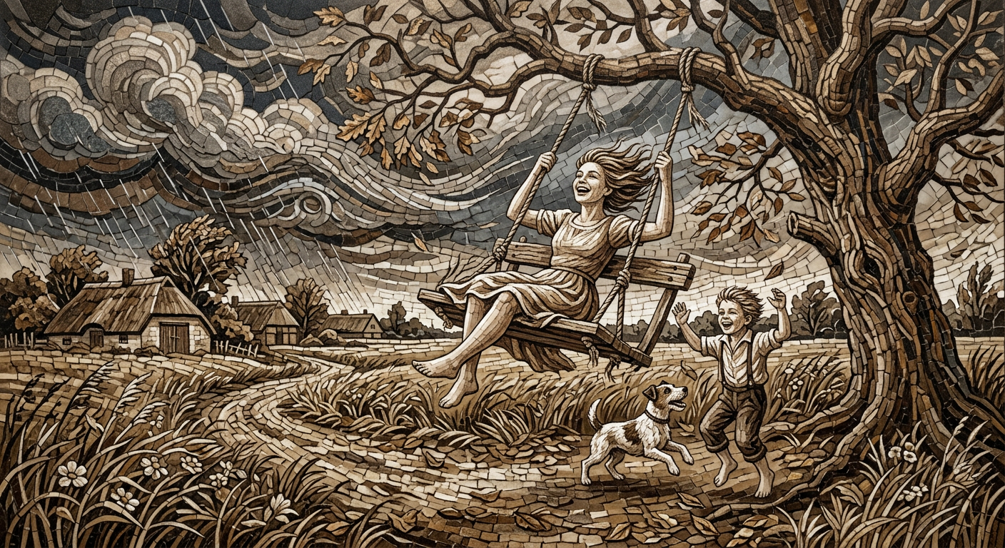 An old wooden swing in a stormy summer evening, mosaic, soft sepia tones