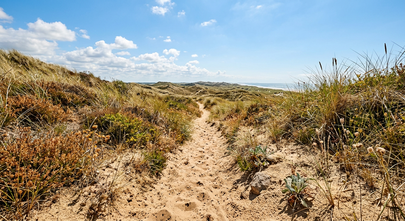 A dune path on a clear June day, photorealistic, rust brown and ochre