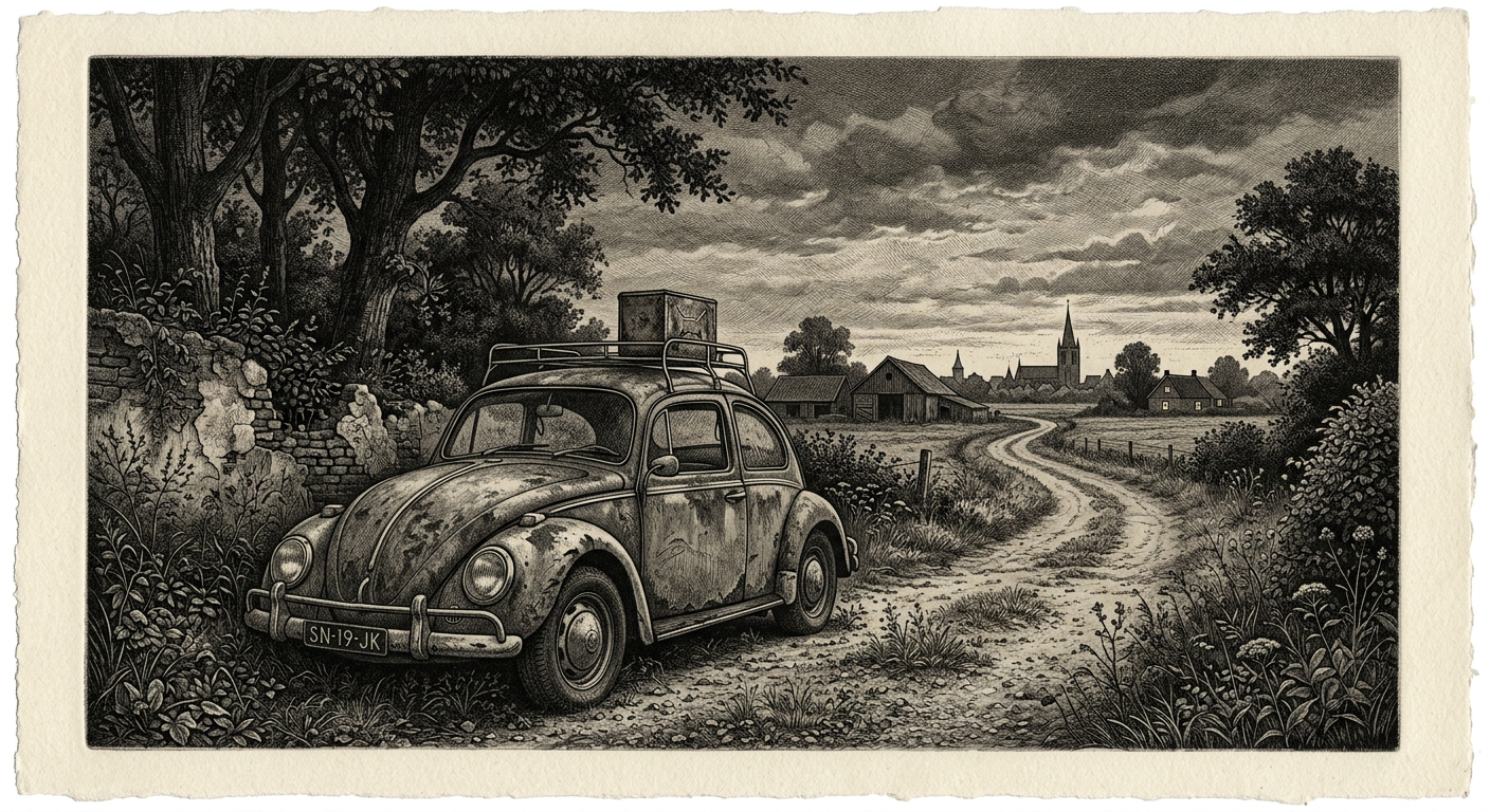 An old Volkswagen Beetle on a sultry summer evening, etching