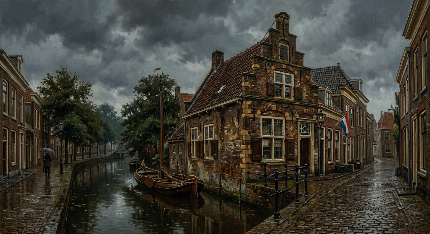 Dutch canal house on a sultry July afternoon, oil painting
