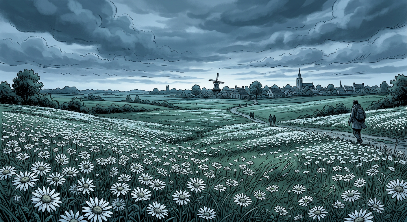 A field of white daisies on a sultry summer evening