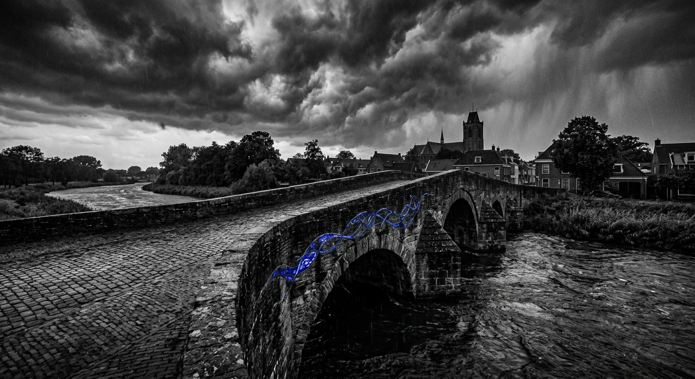 AI generated photo: an old stone bridge over a river on a stormy summer evening