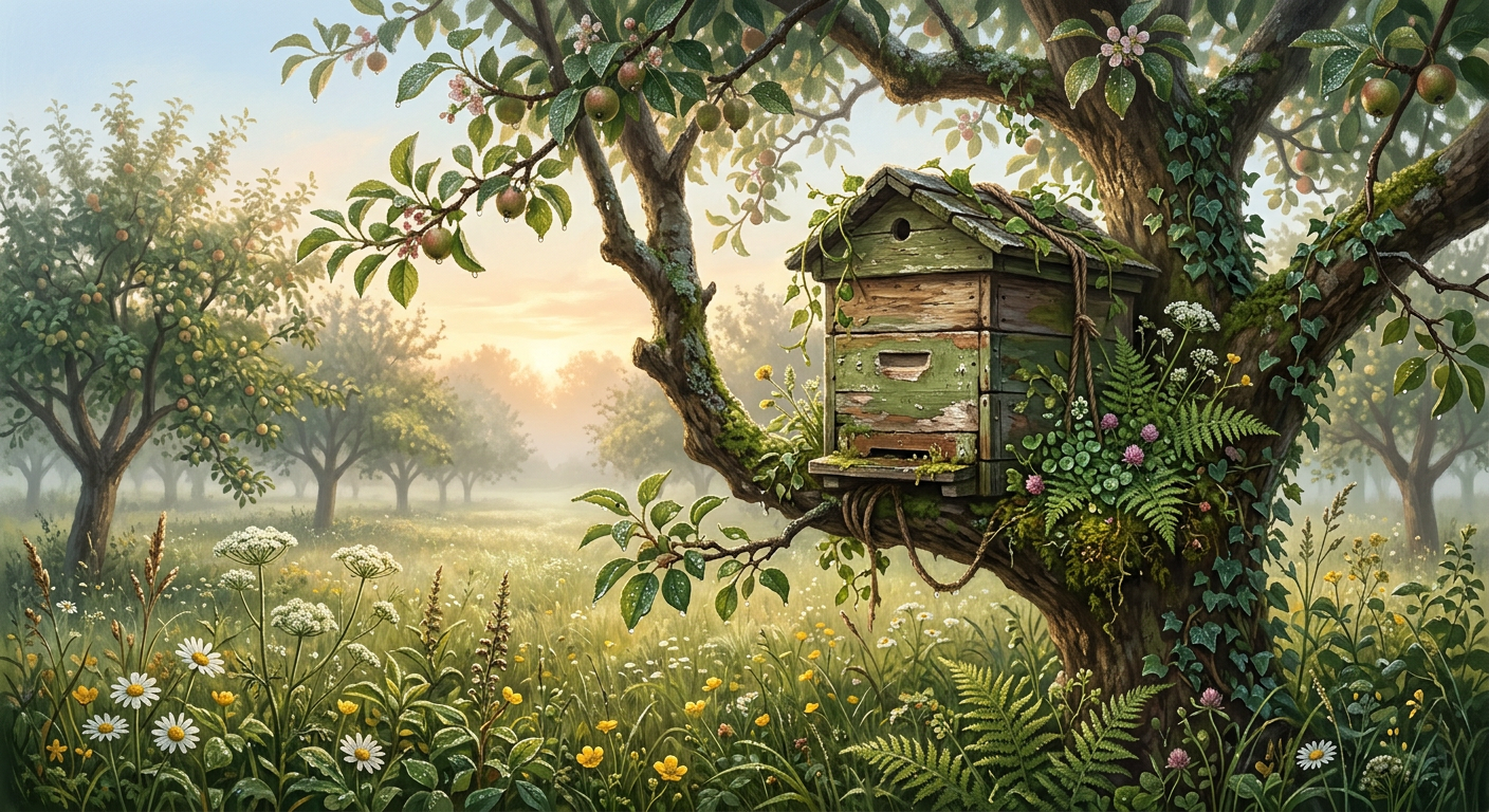 An abandoned beehive in an orchard on a dewy summer morning