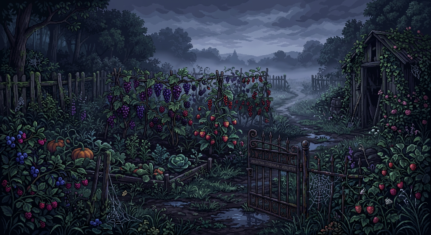 An abandoned vegetable garden with ripe fruit on a dewy summer morning, pixel art