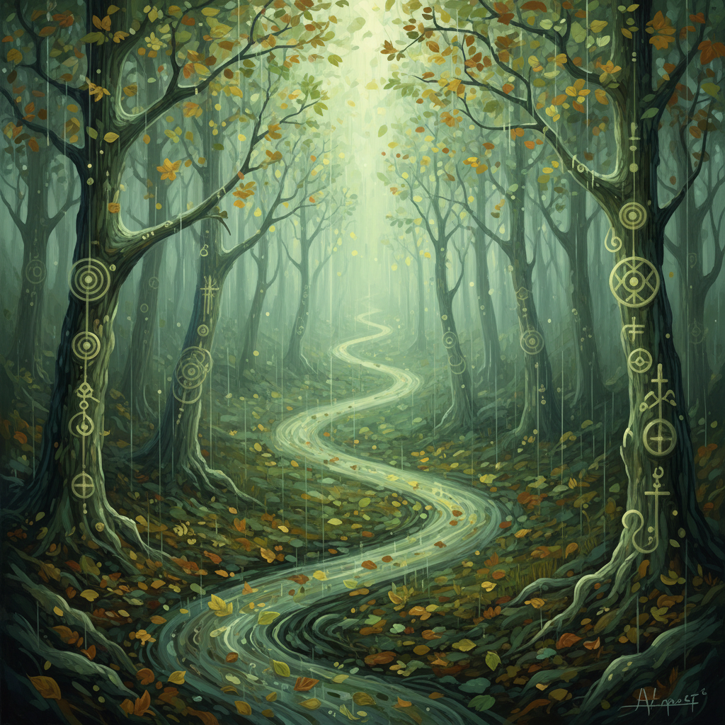 A winding forest path on a bleak autumn afternoon, new age abstract, mysterious, soft green and moss green