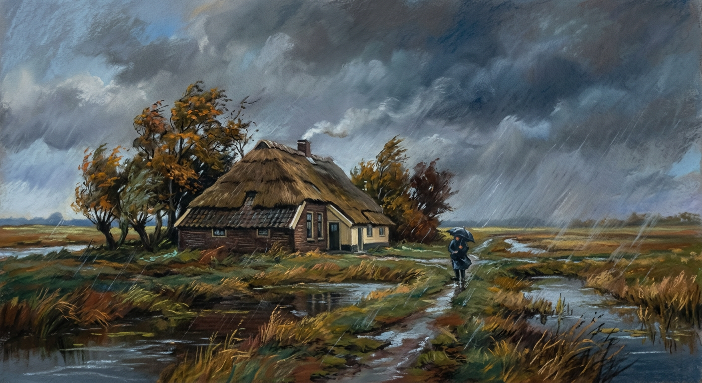Thatched cottage in the polder on a stormy autumn evening, pastel chalk