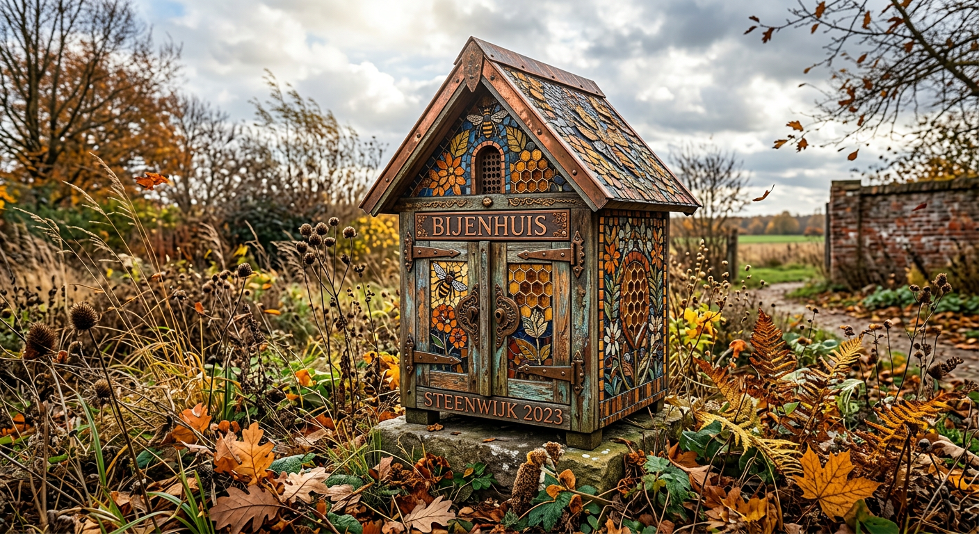 Abandoned beehive in the sun, mosaic, copper and bronze