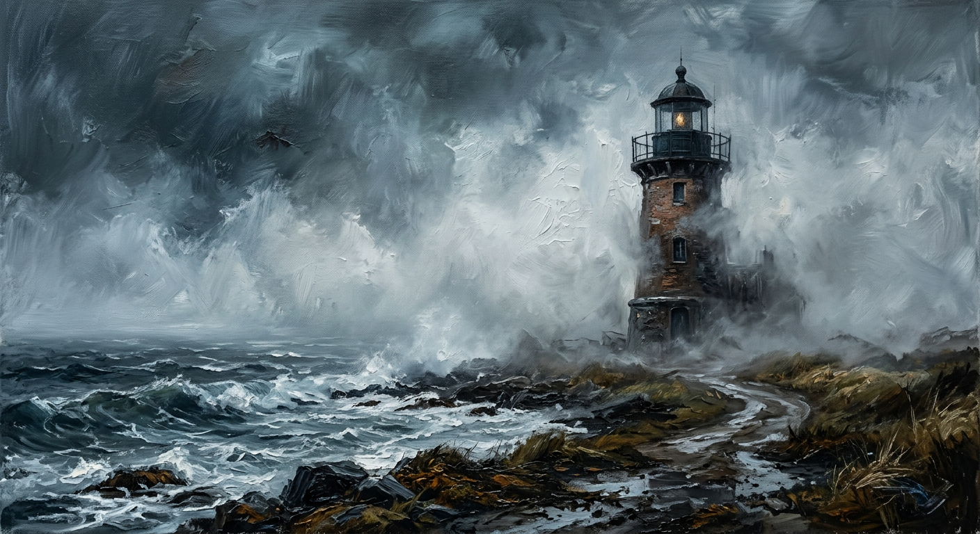 A lighthouse in the mist on a bleak autumn afternoon, expressionist, somber, cold blue-grey tones