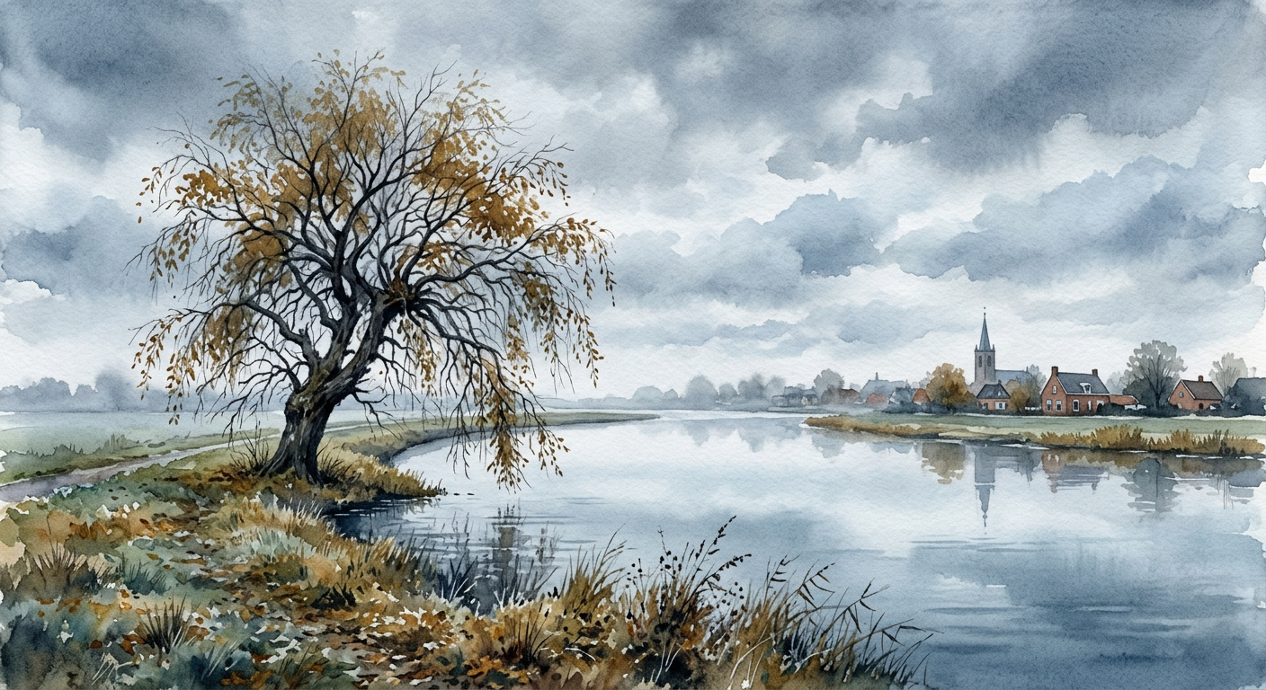 A lonely willow by the water on a golden November day, watercolor, dreamy