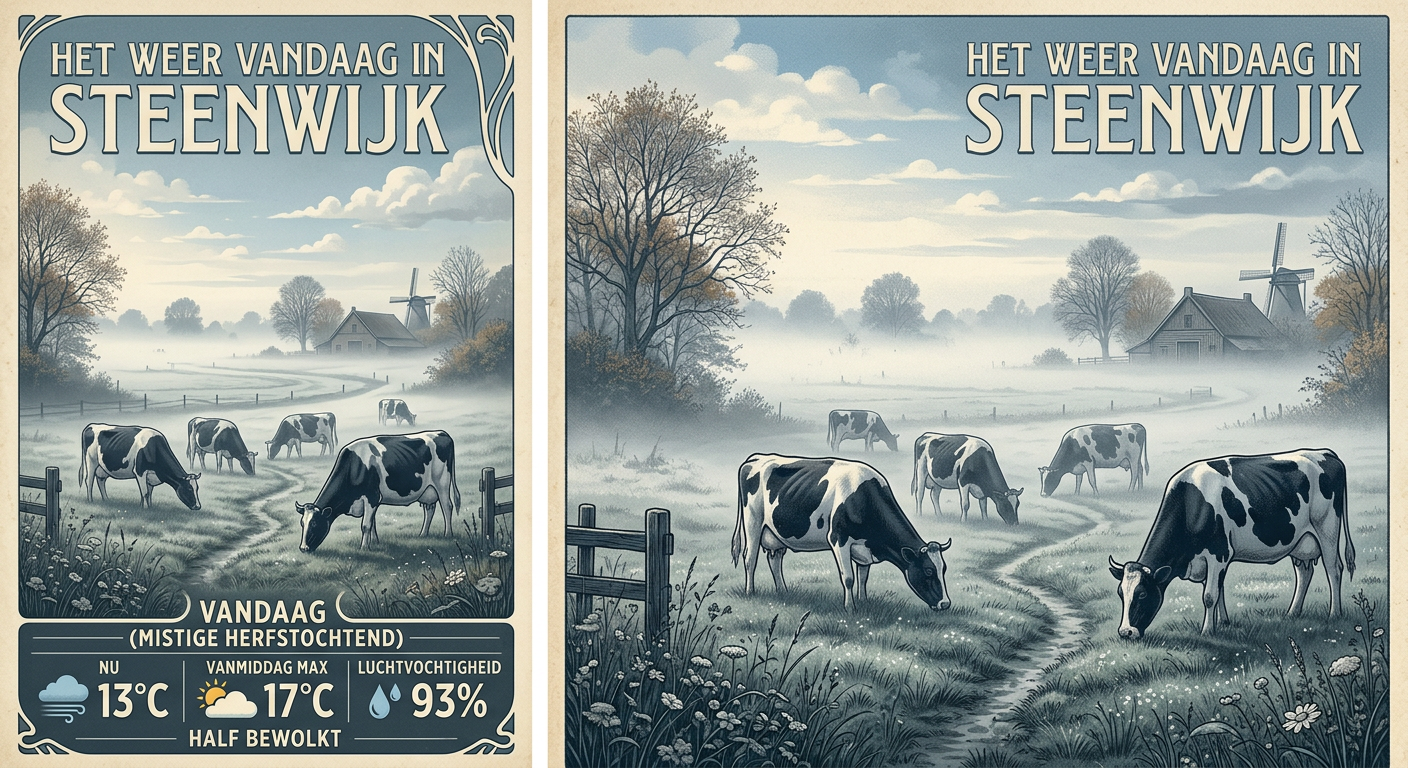 Misty meadow with cows on a foggy autumn morning, retro poster