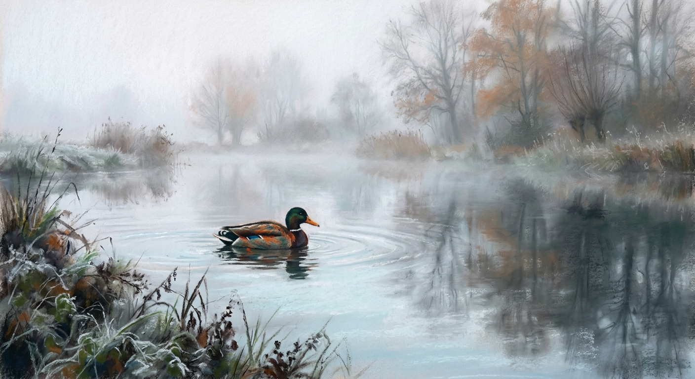 A lonely duck on a pond in a misty autumn morning, pastel chalk, mysterious, ice blue and white