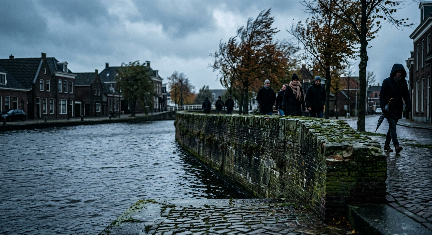 Old stone quay wall with moss on a windy autumn day in Steenwijk