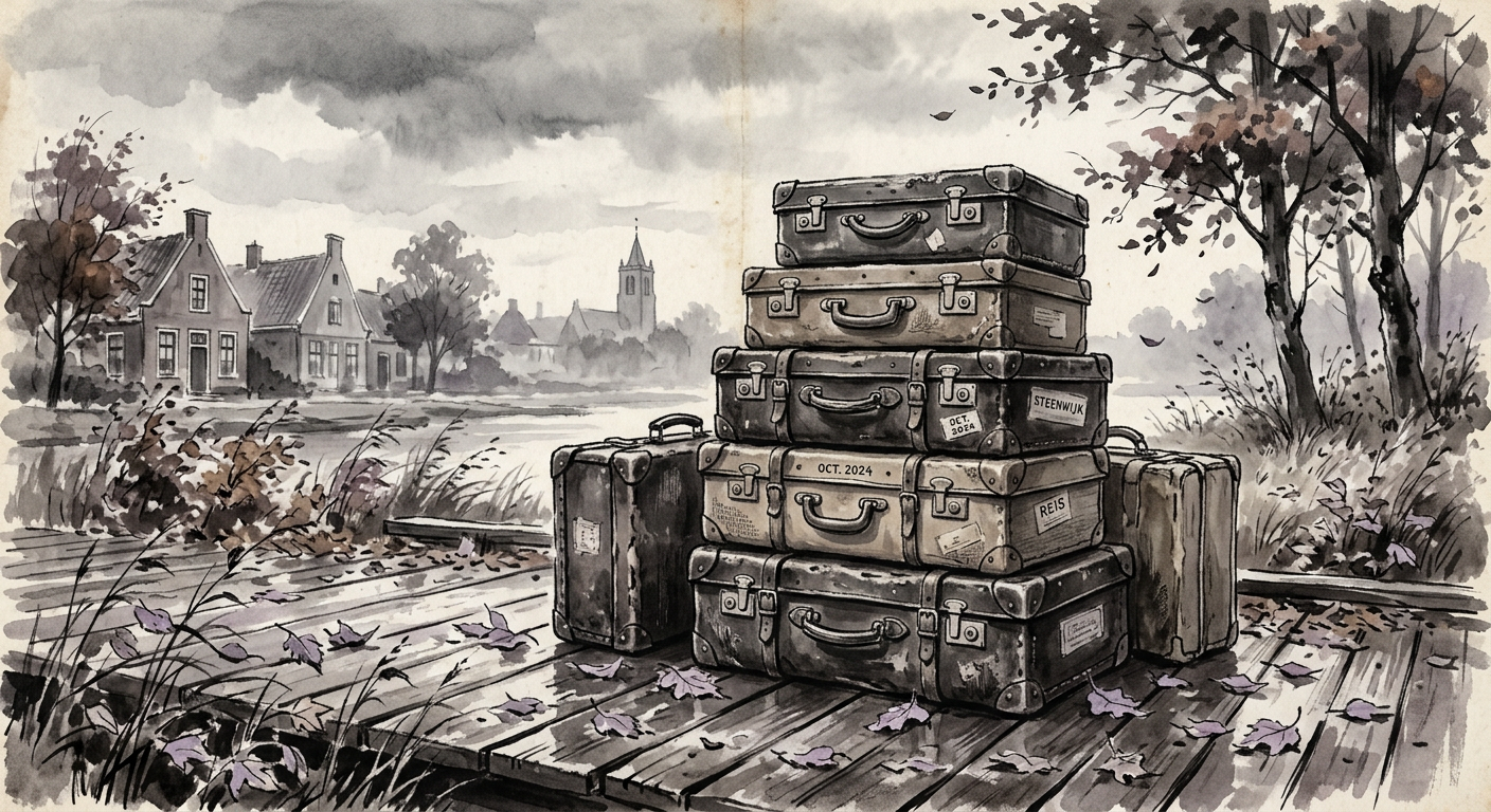 A stack of old suitcases on a windy October day — Japanese sumi-e