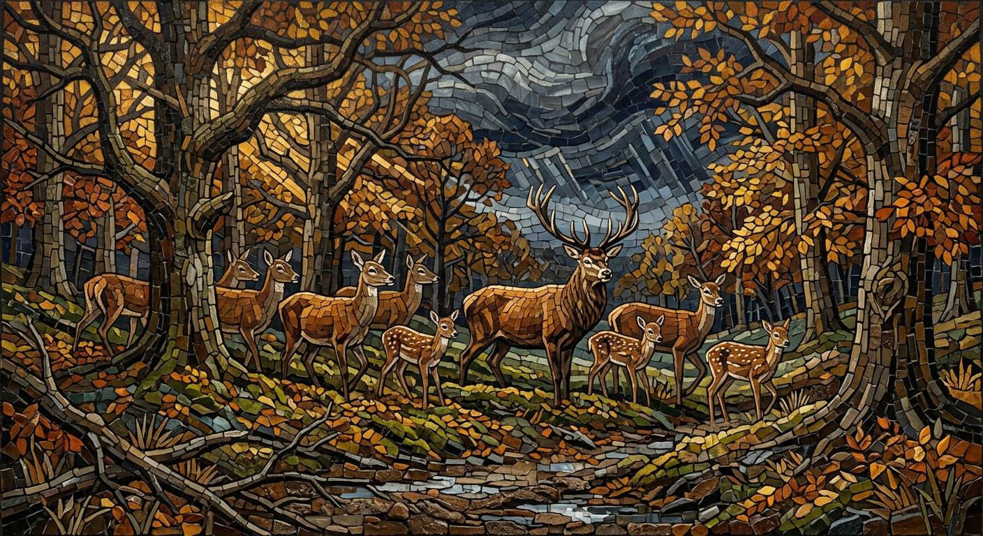 A herd of deer in a morning forest on a stormy autumn evening, mosaic in gold and amber