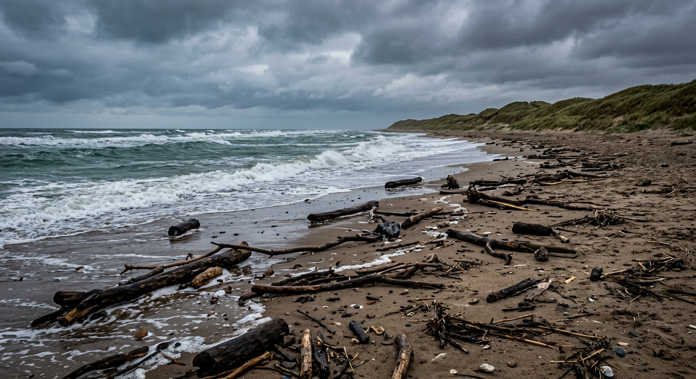 Daily AI photo September 15, 2026: deserted beach with washed-up driftwood on a bleak autumn afternoon