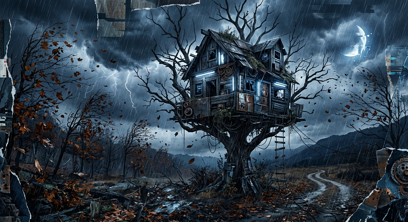 Abandoned treehouse in autumn, collage in cold blue-grey tones